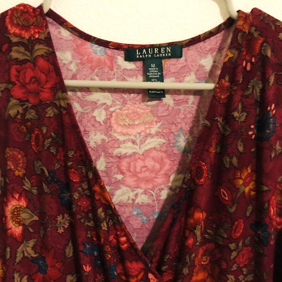 Lauren Women's (M) Floral Dress Burgundy Midi V-Neck Shoulder Sleeve - Picture 3 of 6